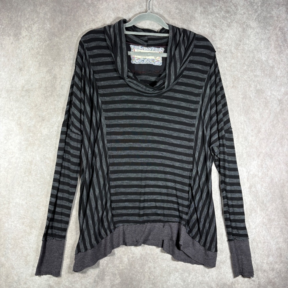 Jack + Jinger Top Womens M Black Gray Striped Cowl Neck Long Sleeve Boho Grunge
